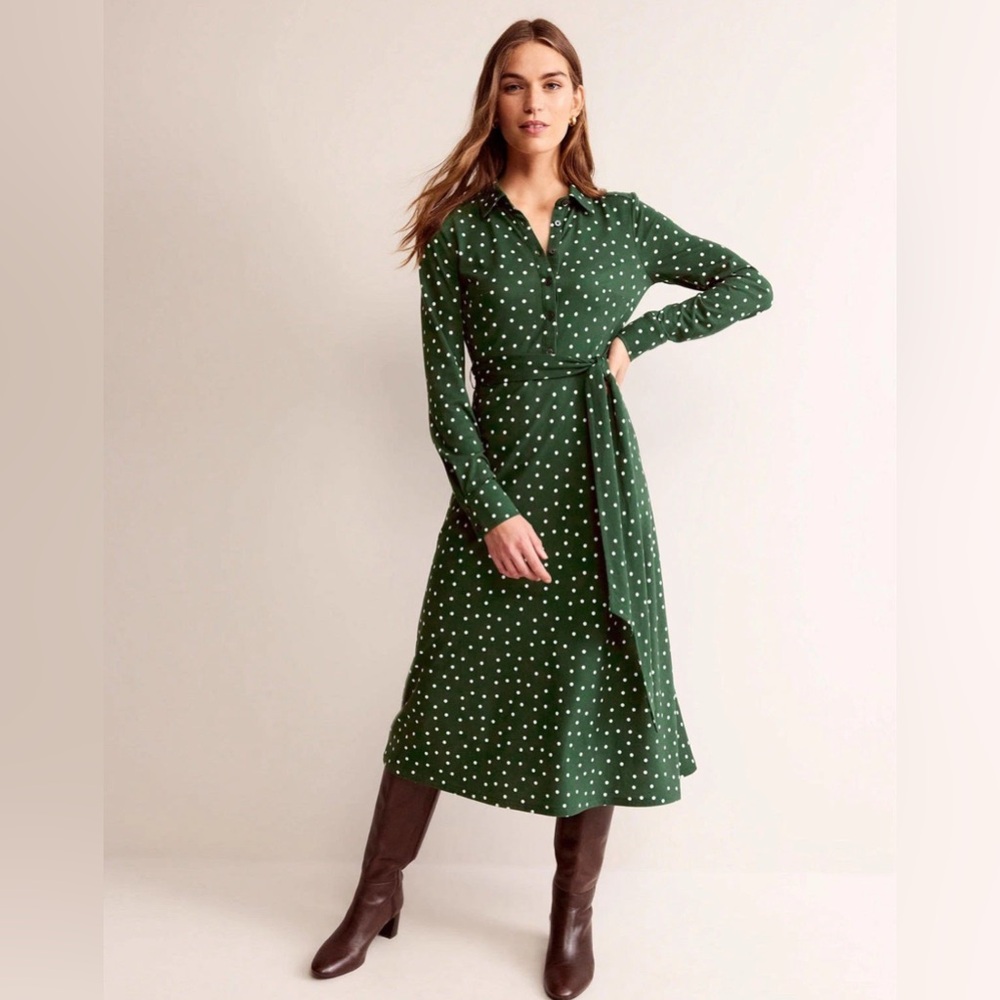 Boden Green Polka Dot Long Sleeve Shirt Dress